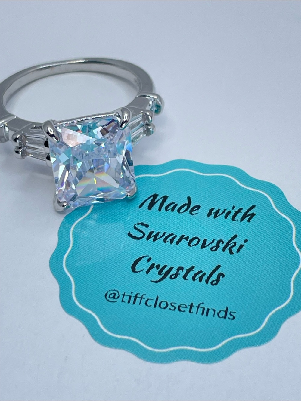 Swarovski Crystal Elements Diamond White Radiant Bridal Statement Ring Silver
